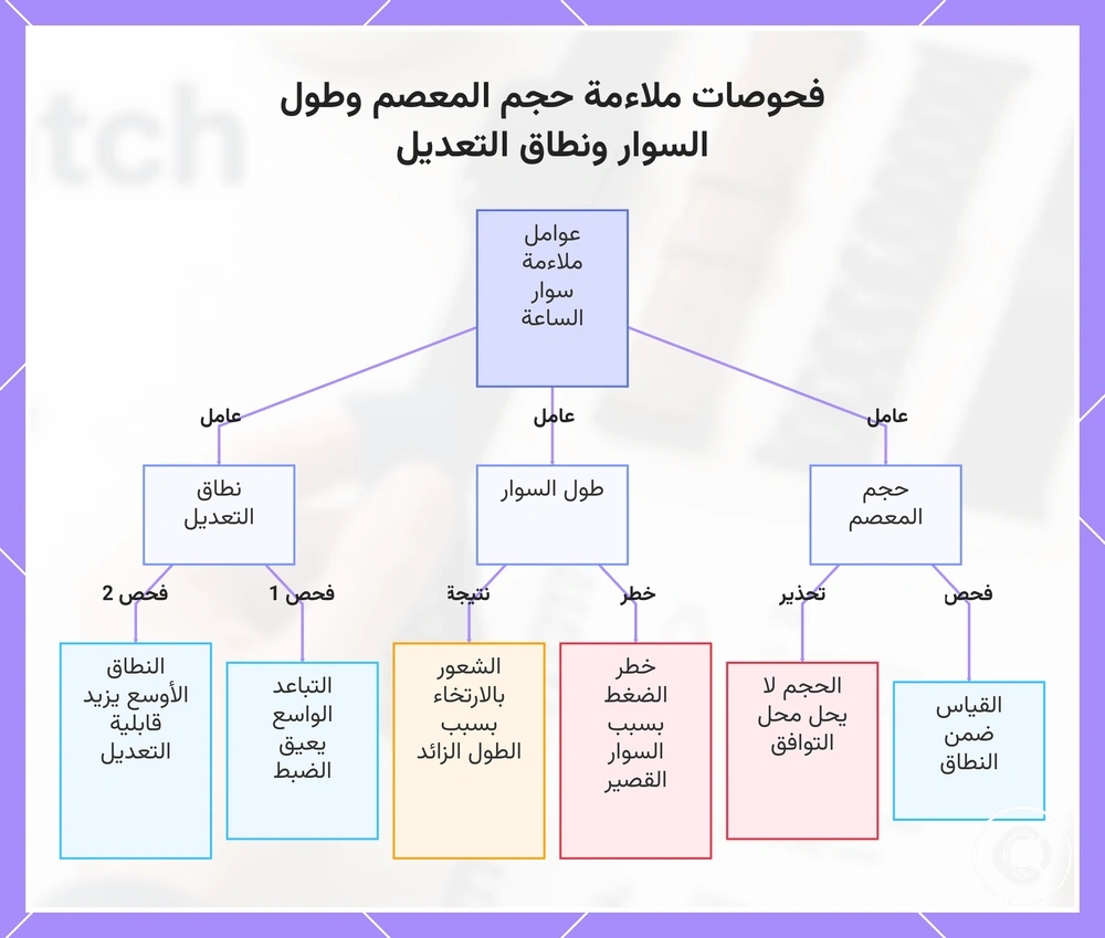 فحوصات ملاءمة حجم المعصم وطول السوار ونطاق التعديل