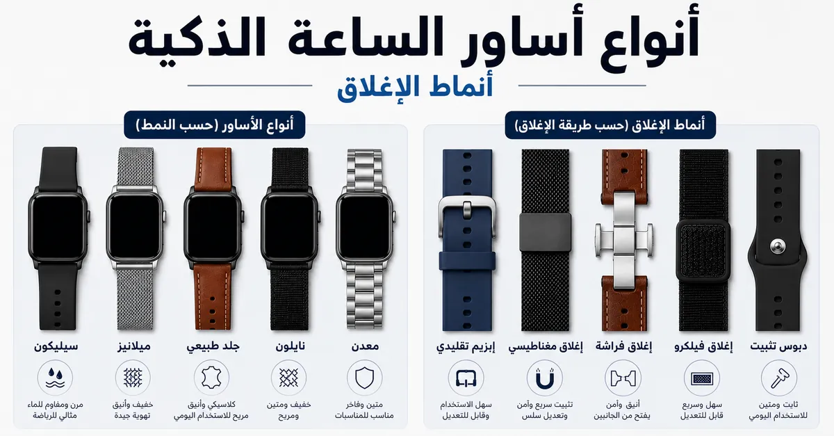 أنواع مختلفة من أساور الساعة الذكية مرتبة حسب النمط وطريقة الإغلاق