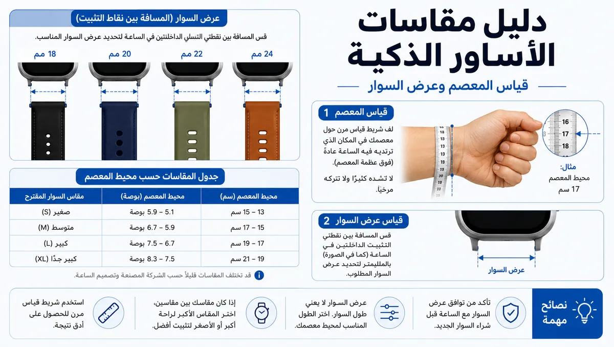 جدول مقاسات أساور الساعة الذكية مع أمثلة على قياس المعصم وعرض السوار