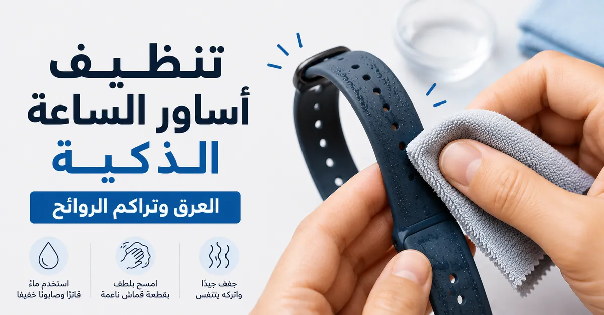 سوار ساعة ذكية يتم تنظيفه بقطعة قماش لإزالة العرق وتراكم الروائح