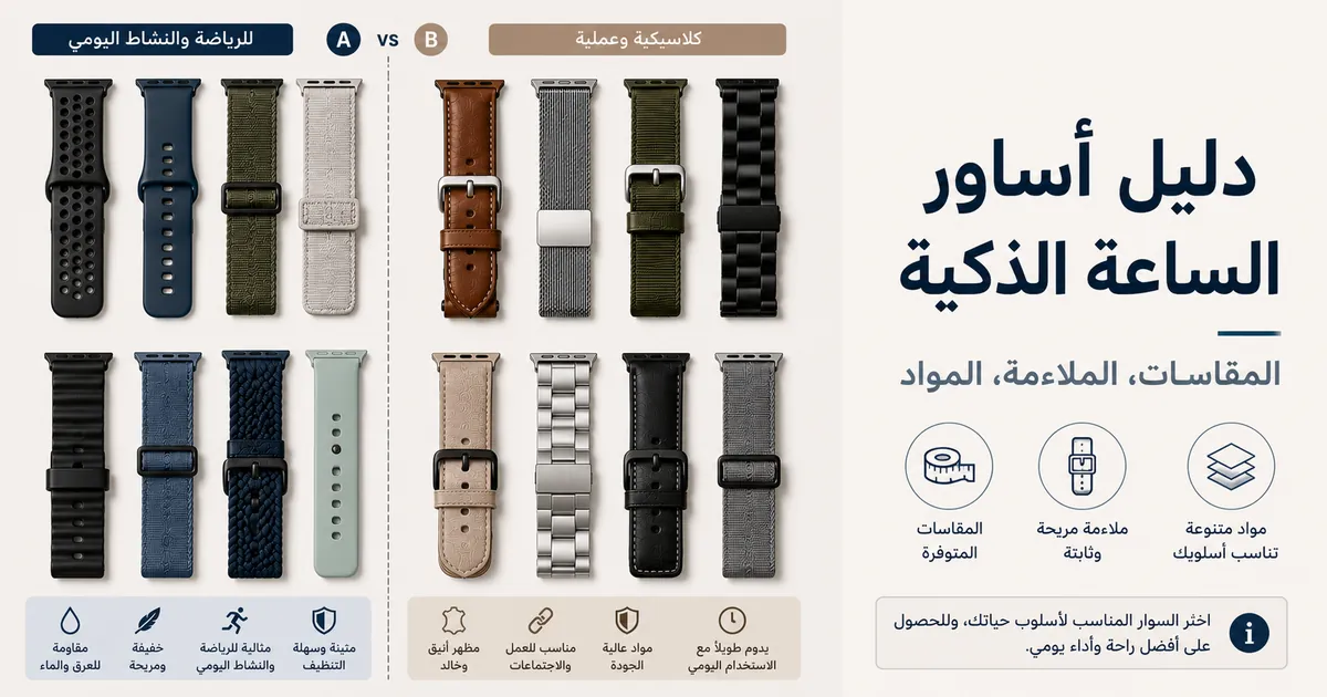 أساور ساعة ذكية متنوعة بمقاسات ومواد وطرق إغلاق مختلفة