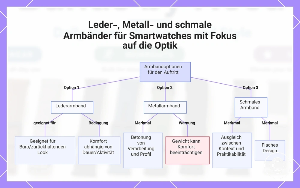 Leder-, Metall- und schmale Armbänder für Smartwatches mit Fokus auf die Optik