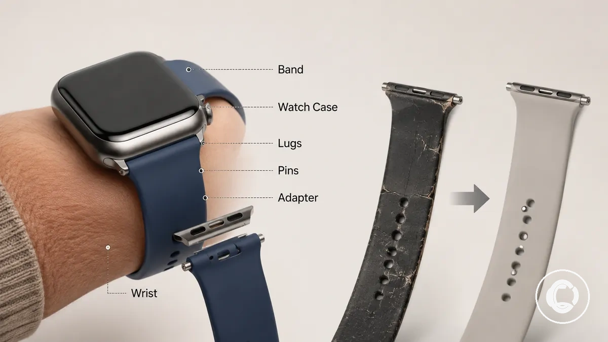 Smartwatch-Armband an einem Uhrengehäuse befestigt, mit Band- und Verbindungsteilen beschriftet