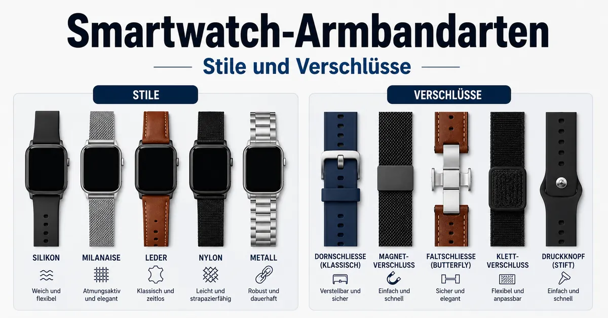 Verschiedene Arten von Smartwatch-Armbändern nach Stil und Verschluss geordnet