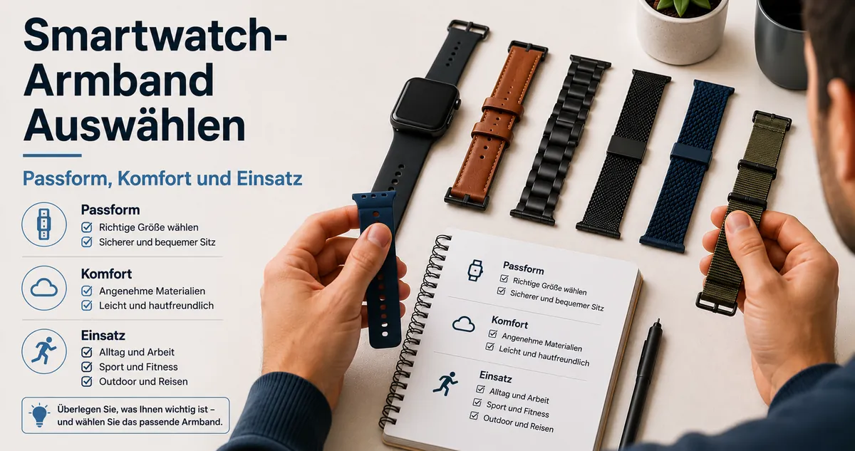 Person vergleicht Smartwatch-Armbänder nach Passform, Komfort und geplantem Einsatz