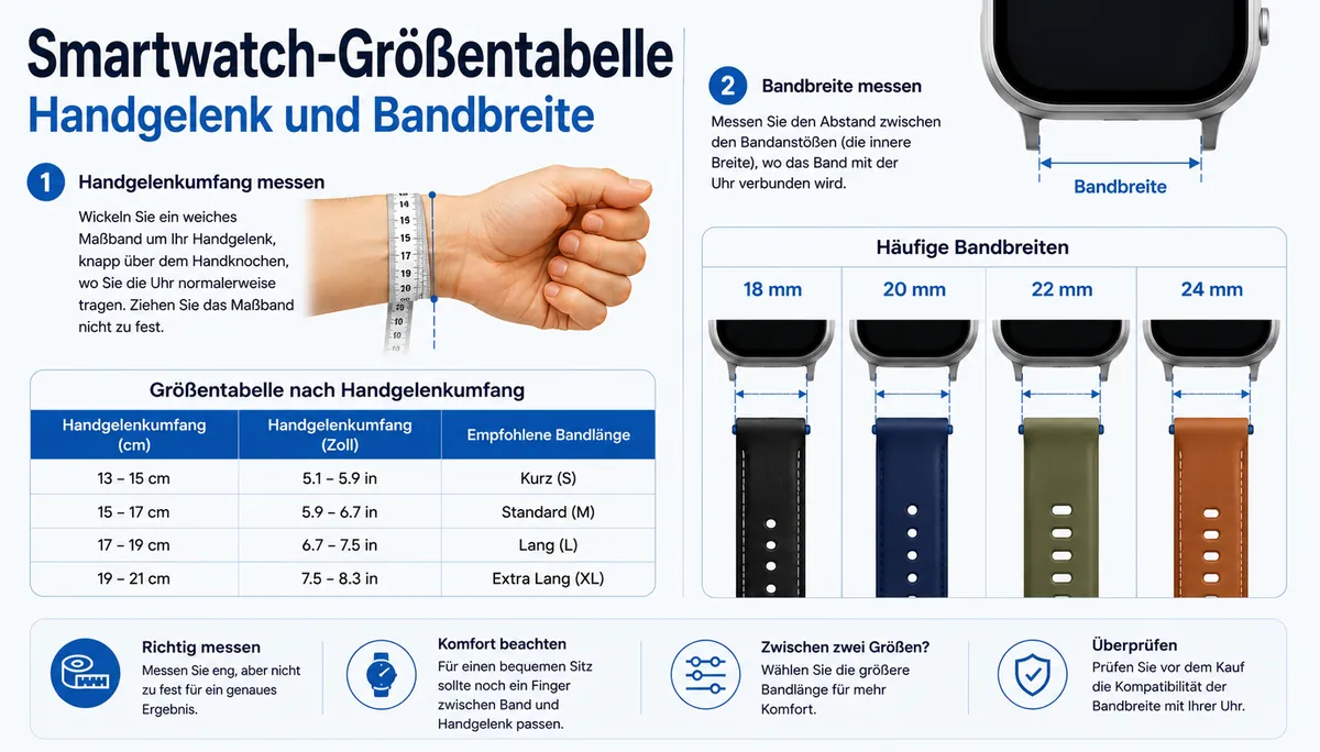 Größentabelle für Smartwatch-Armbänder mit Beispielen für Handgelenkumfang und Bandbreite