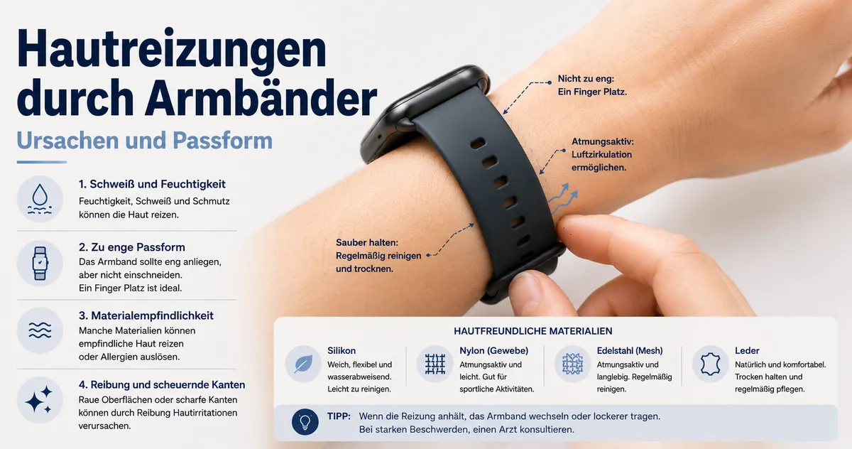 Passform und Material eines Smartwatch-Armbands werden geprüft, um Hautreizungen am Handgelenk zu reduzieren