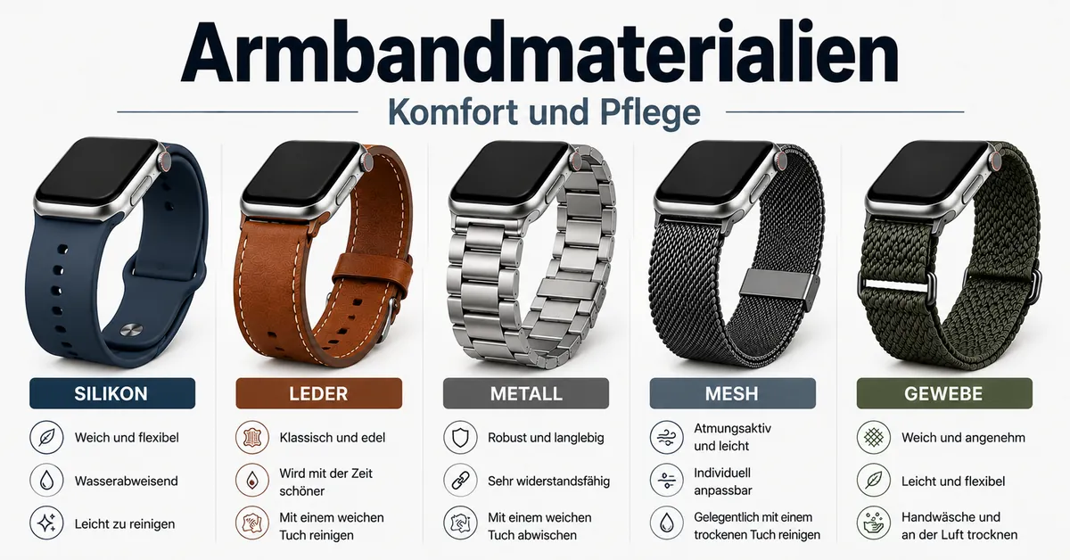 Smartwatch-Armbänder aus Silikon, Leder, Metall, Mesh und gewebten Materialien