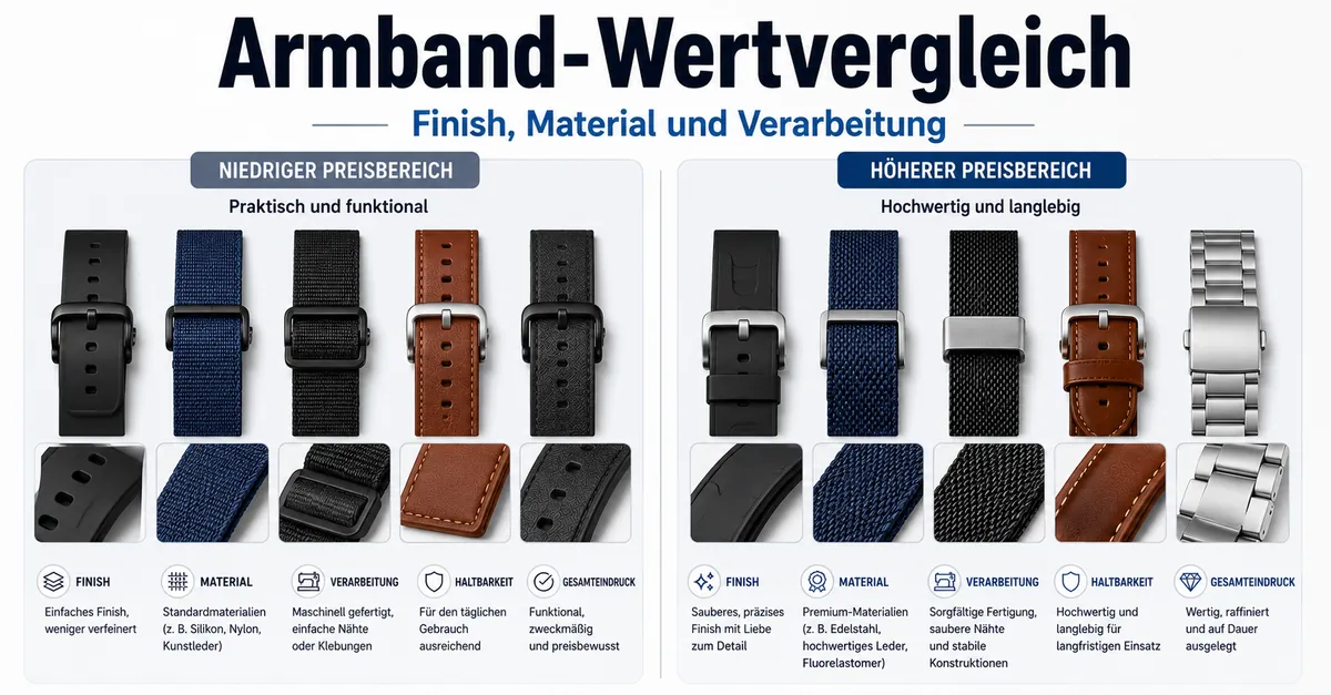 Günstige und höherpreisige Smartwatch-Armbänder im Vergleich nach Finish, Material und Verarbeitung