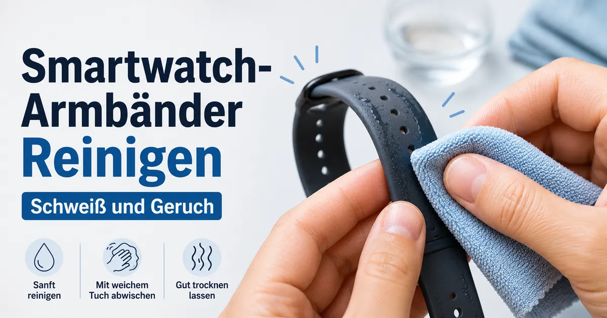 Smartwatch-Armband wird mit einem Tuch gereinigt, um Schweiß und Geruchsbildung zu entfernen