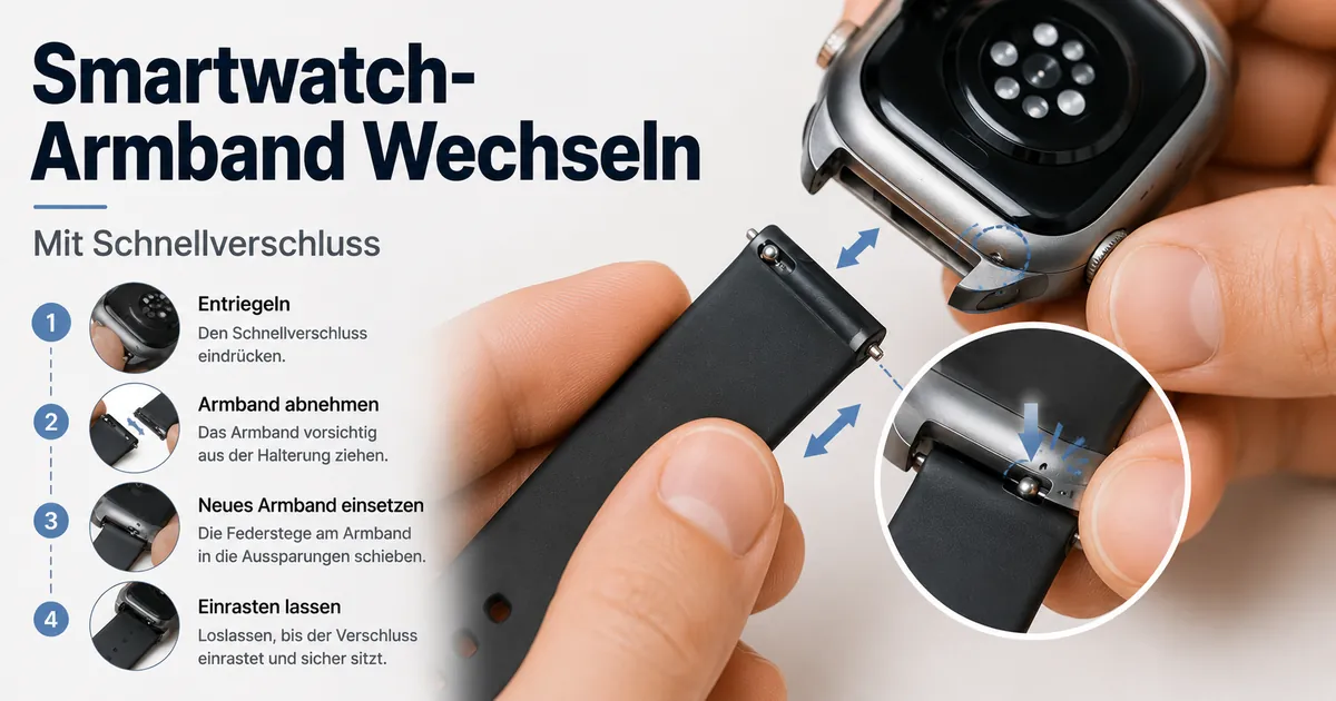 Hände wechseln ein Smartwatch-Armband mit Schnellverschluss