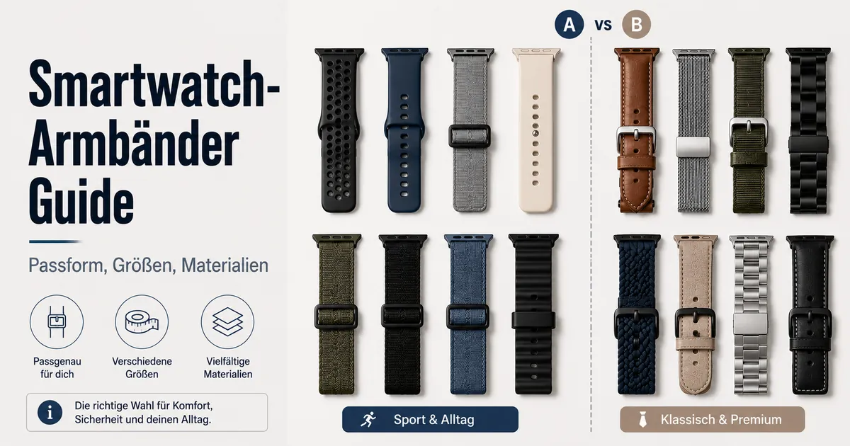 Verschiedene Smartwatch-Armbänder mit unterschiedlichen Größen, Materialien und Armbandstilen
