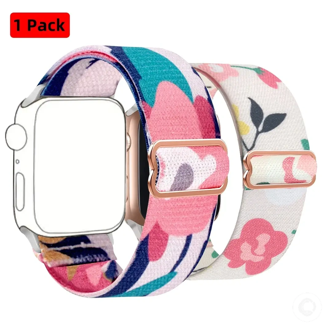 Floral print stretchy nylon band with stainless steel slide buckle