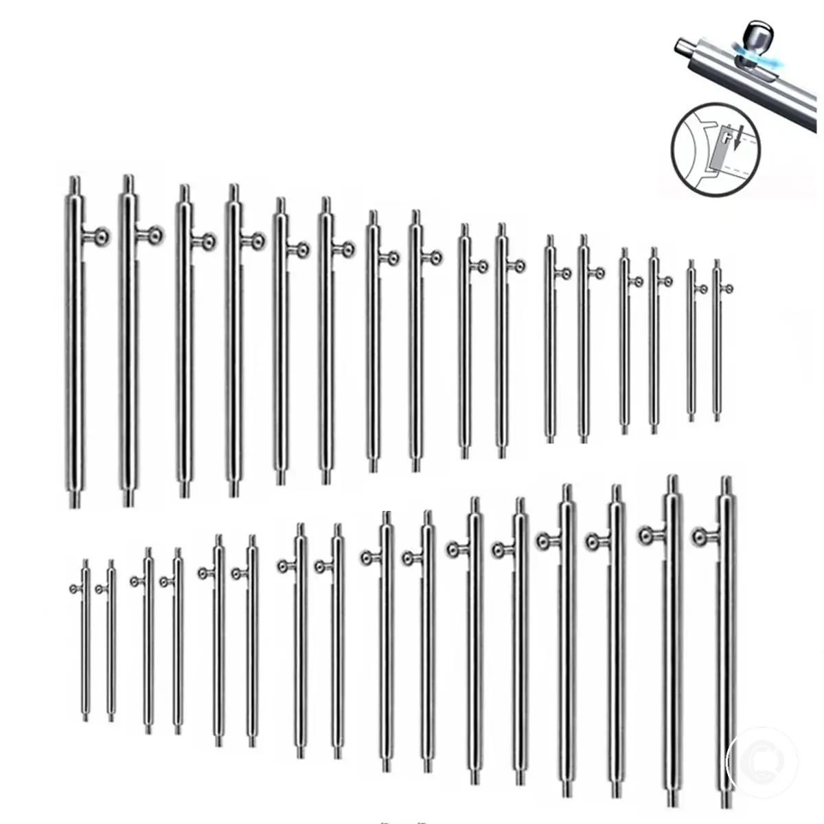 Quick release watch strap spring bar pins in multiple sizes