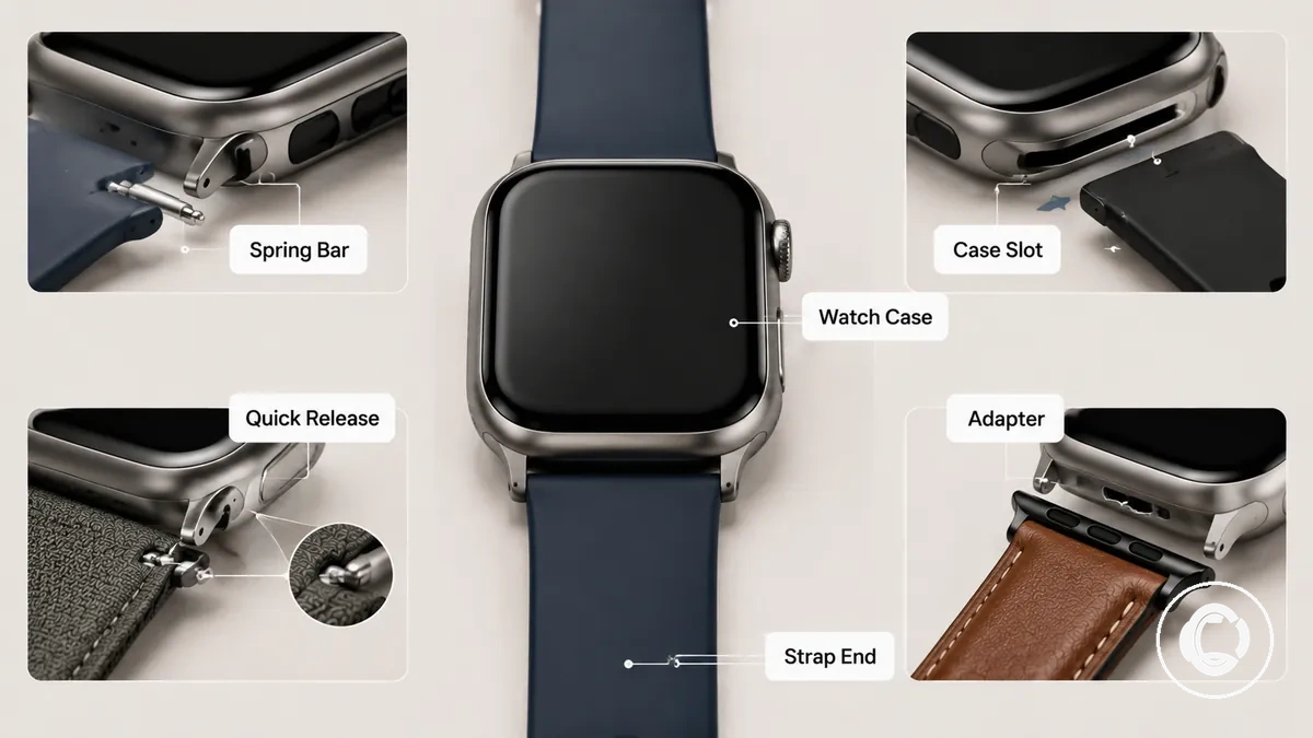labeled smartwatch band connector attached to the watch case