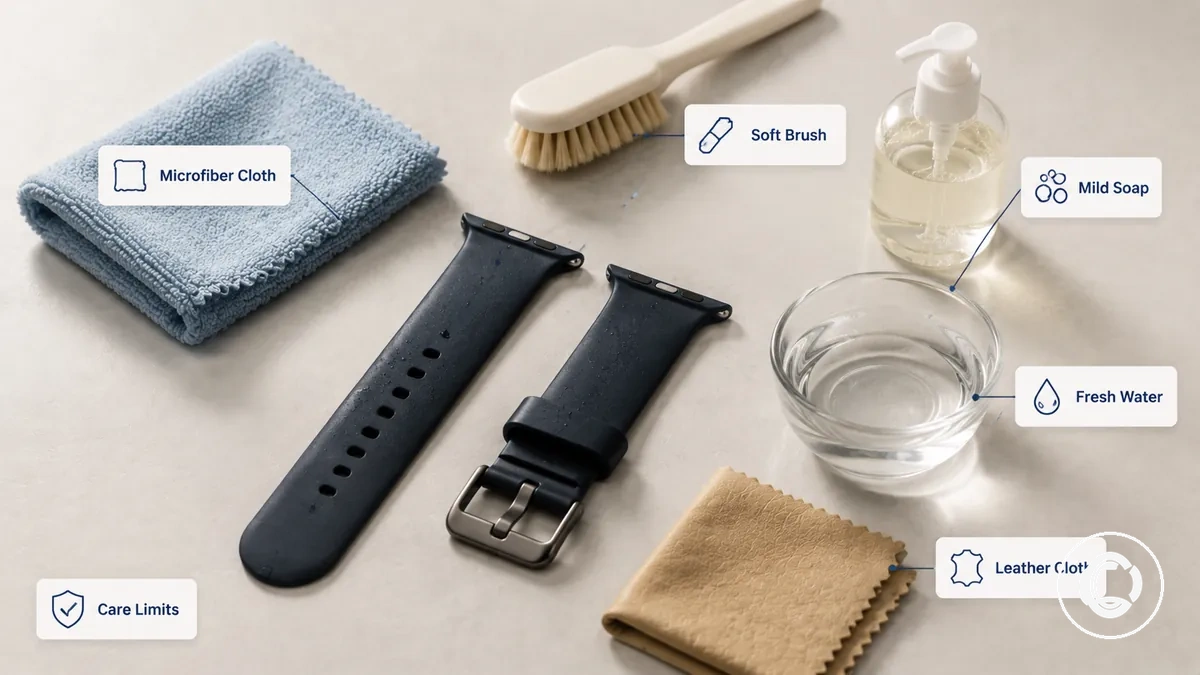 Safe cleaning supplies for smartwatch bands including a soft cloth and brush.