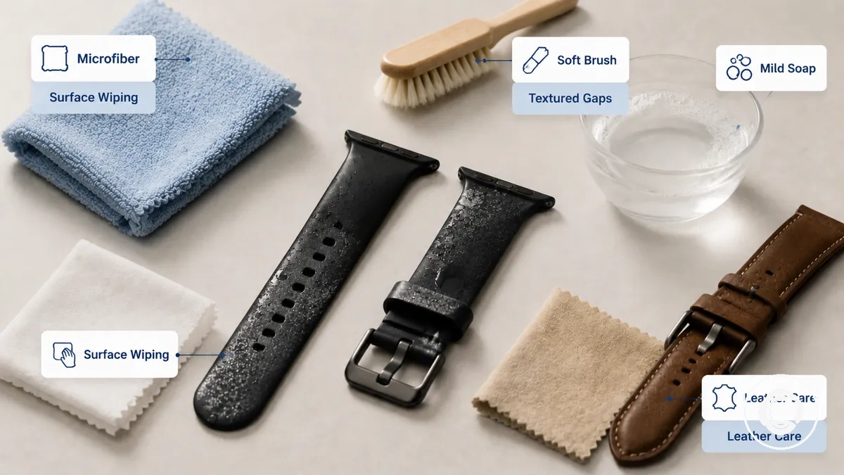 Soft cloth, brush, and mild soap solution used for smartwatch band cleaning.