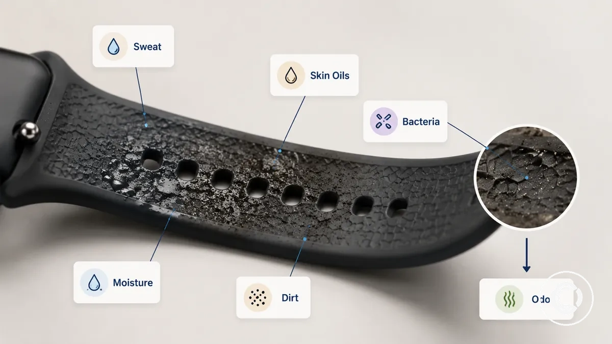 Diagram showing sweat and moisture buildup on the wrist side of a smartwatch band.