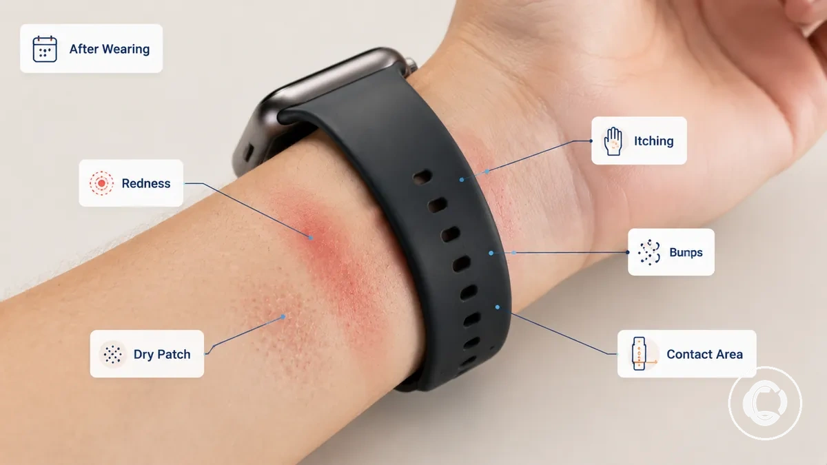 Common signs of smartwatch band irritation on the wrist contact area