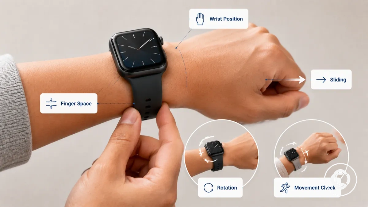 Finger space, wrist position and movement checks for smartwatch band fit