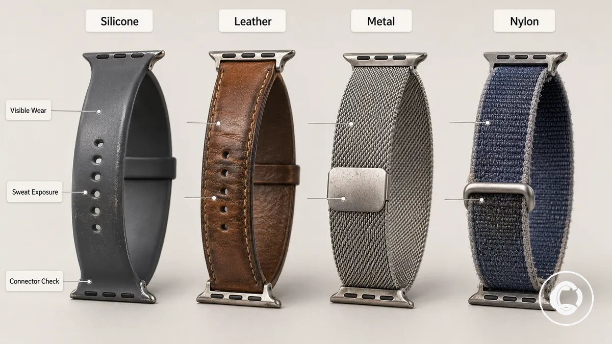 Smartwatch bands in different materials showing common wear conditions