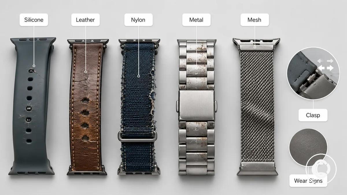 Smartwatch band materials with visible strap damage examples