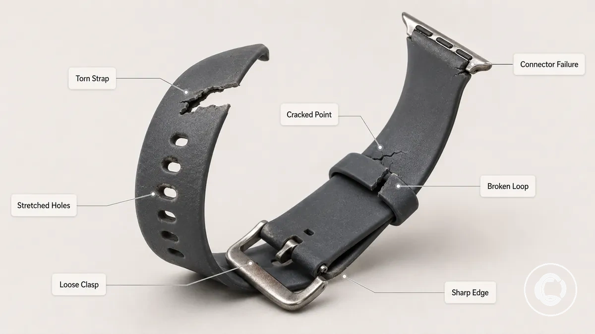 Damaged smartwatch band with labels for unsafe wear signs