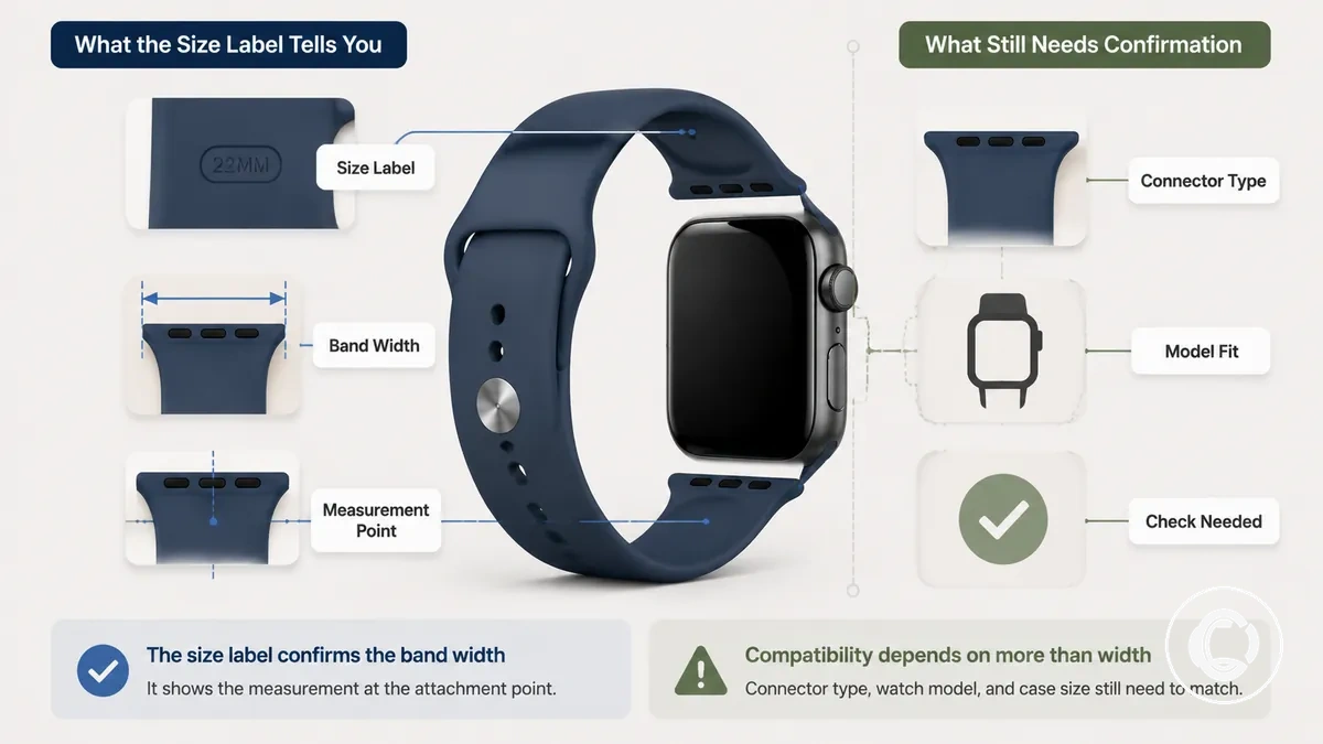 smartwatch band size label with band width and connector area annotated