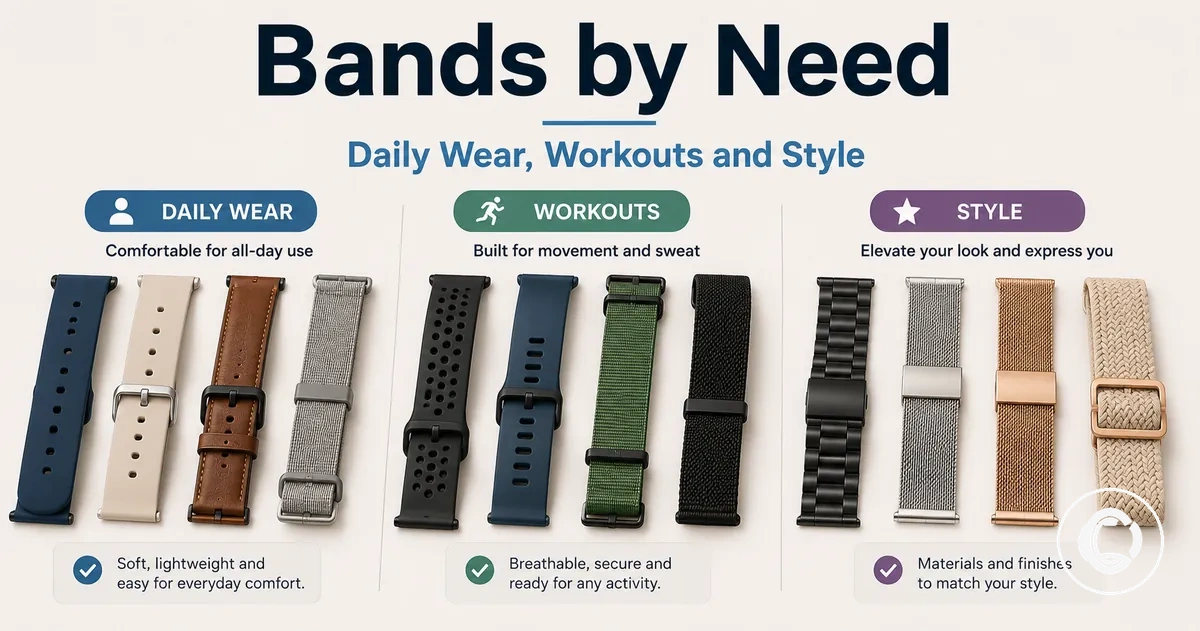Smartwatch bands grouped for daily wear, workout use and style choices