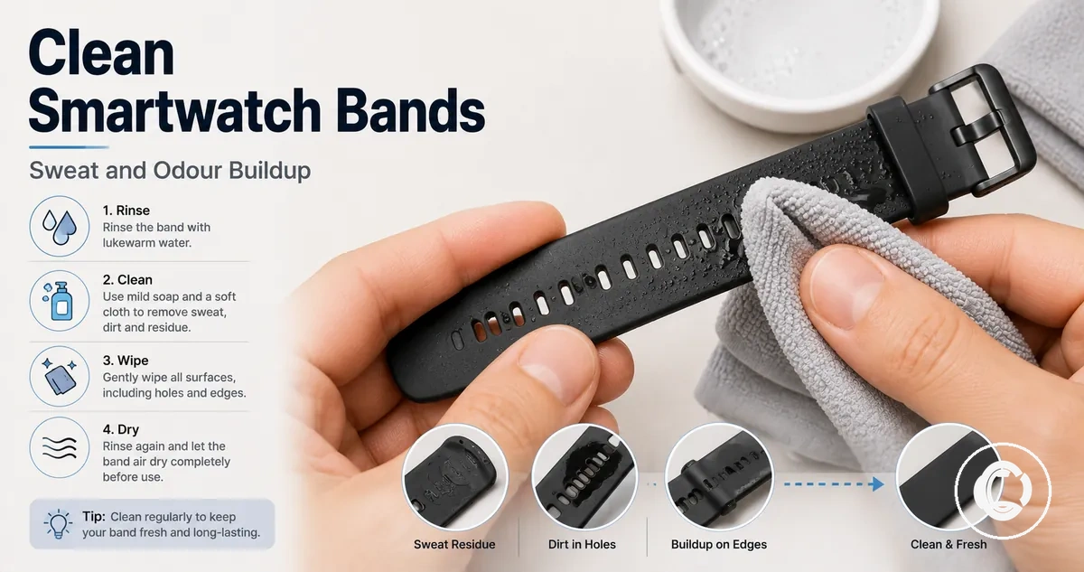 Smartwatch band being cleaned with a cloth to remove sweat and odor buildup