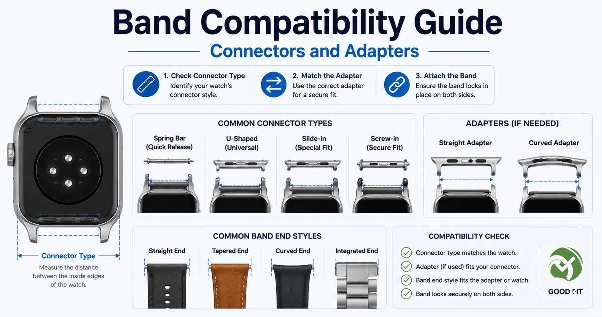 Smartwatch band connectors, adapters and strap ends used for compatibility checking