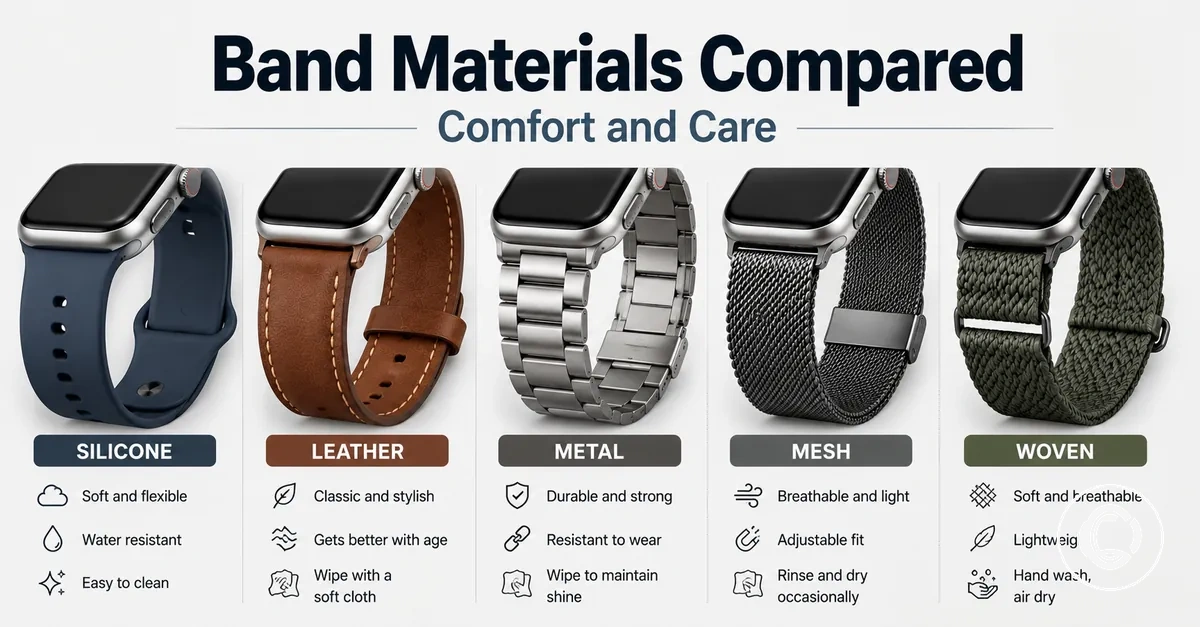 Smartwatch bands made from silicone, leather, metal, mesh and woven materials