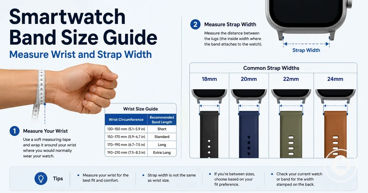 Smartwatch band size chart with wrist measurement and strap width examples