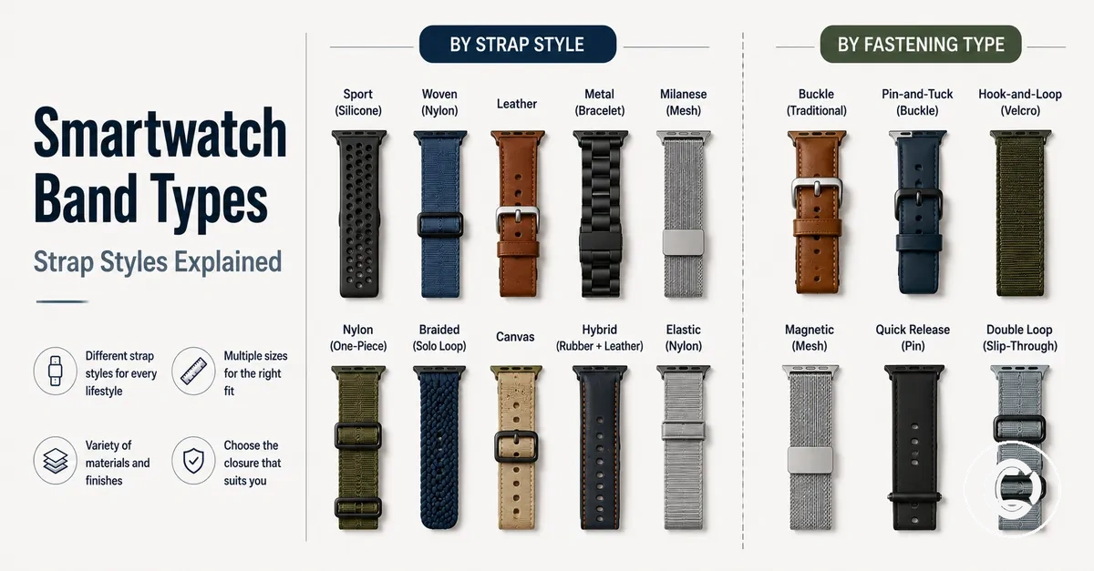 Different smartwatch band types arranged by strap style and fastening design
