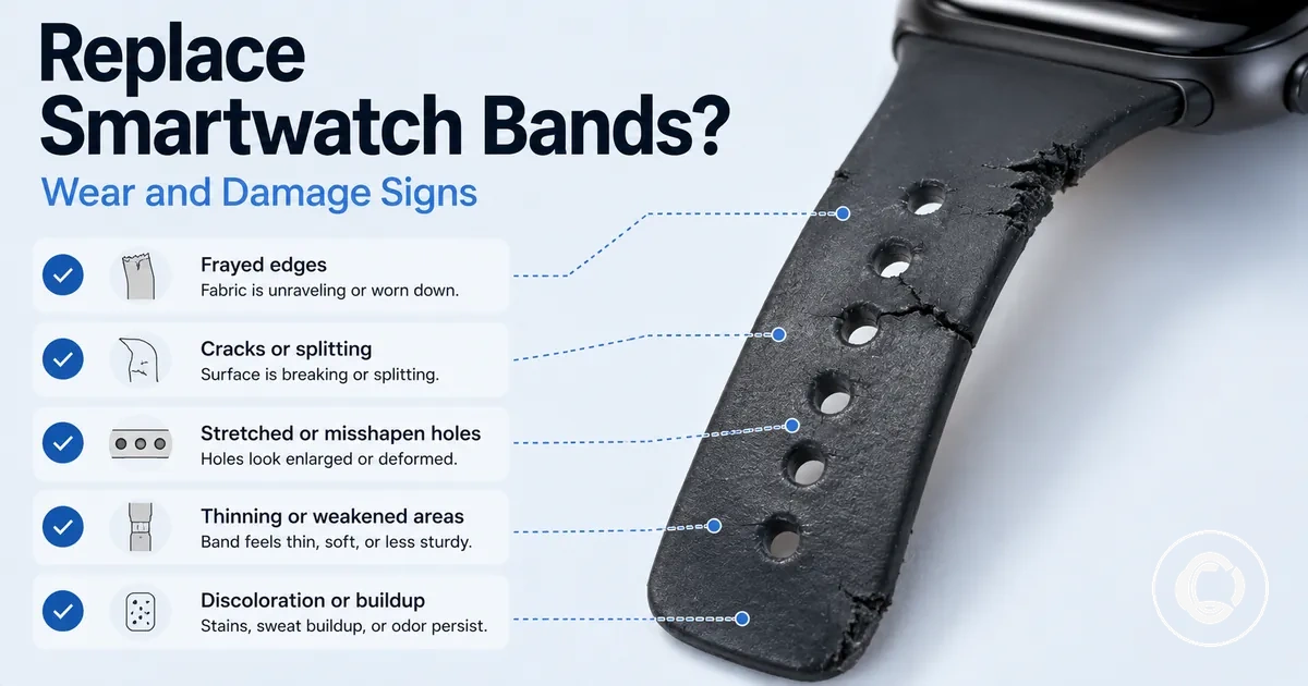Worn smartwatch band with visible strap damage and replacement signs