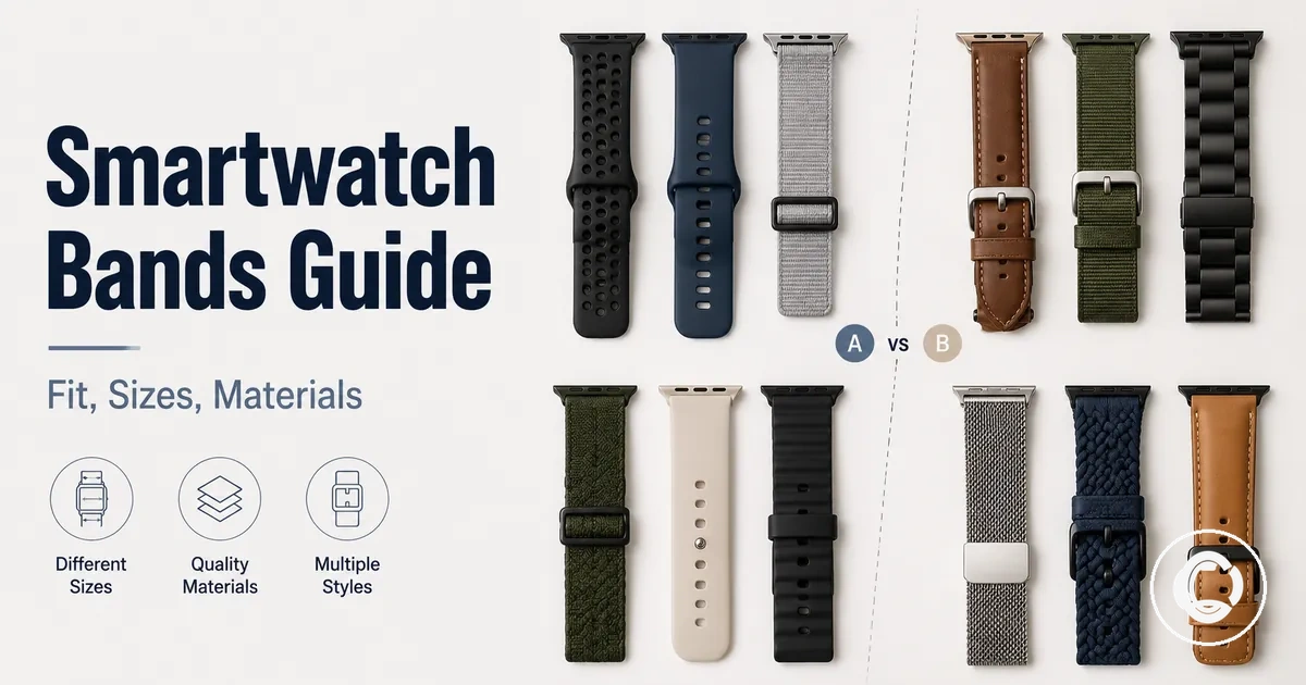 Assorted smartwatch bands showing different sizes, materials and strap styles