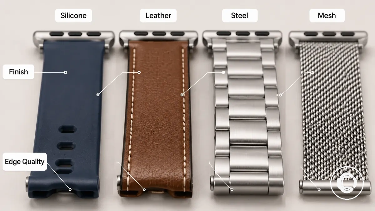 Detalles del acabado del material y la resistencia al desgaste de una correa para smartwatch en primer plano
