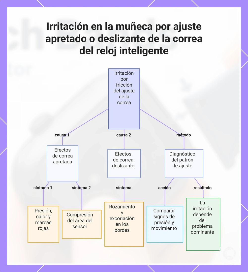 Irritación en la muñeca por ajuste apretado o deslizante de la correa del reloj inteligente