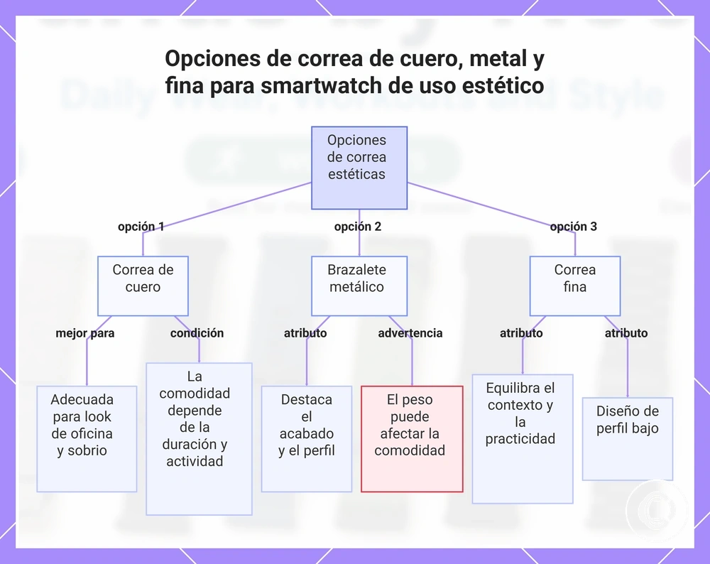 Opciones de correa de cuero, metal y fina para smartwatch de uso estético