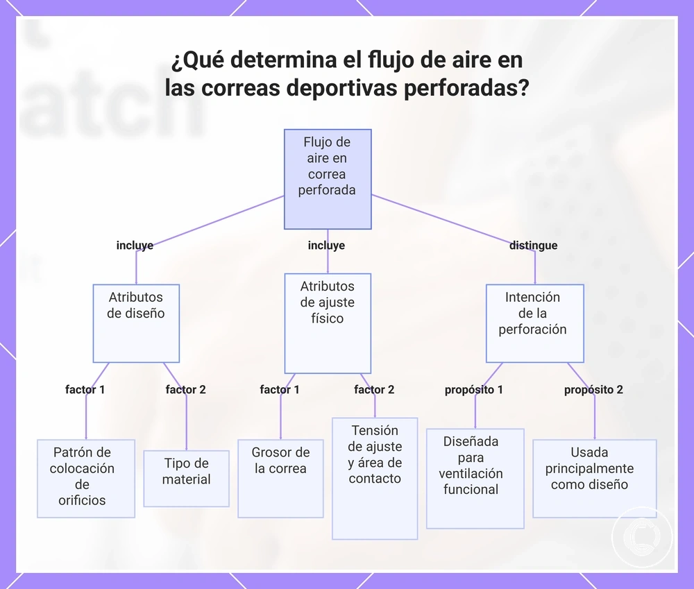 ¿Qué determina el flujo de aire en las correas deportivas perforadas?