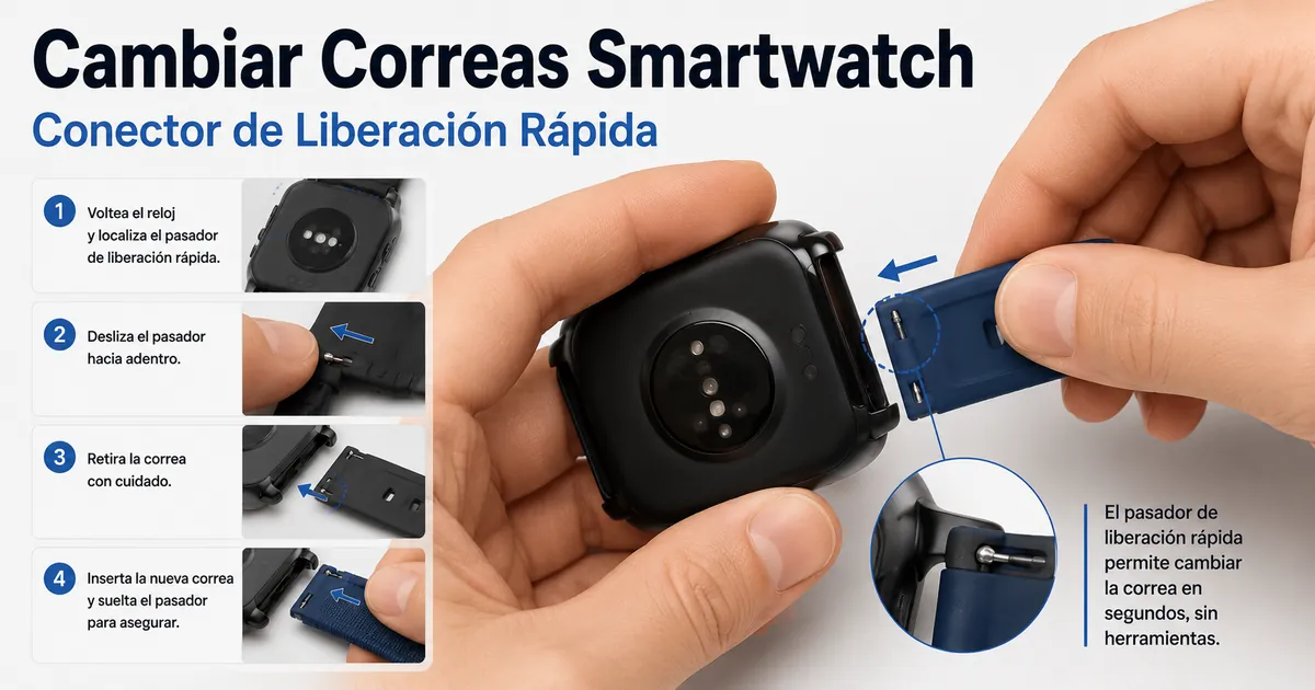 Manos cambiando una correa para smartwatch con conector de liberación rápida