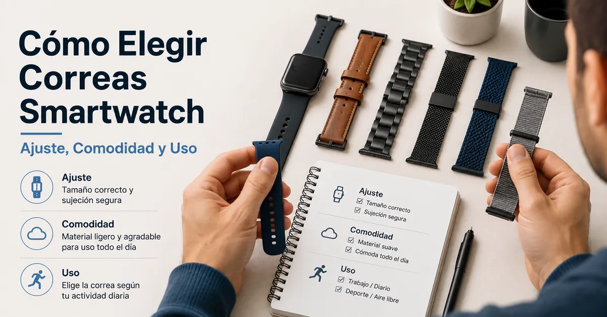 Persona comparando correas para smartwatch según ajuste, comodidad y uso previsto
