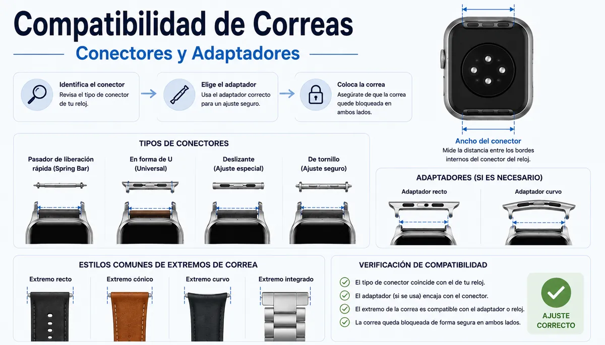 Conectores, adaptadores y extremos de correas para comprobar la compatibilidad del smartwatch