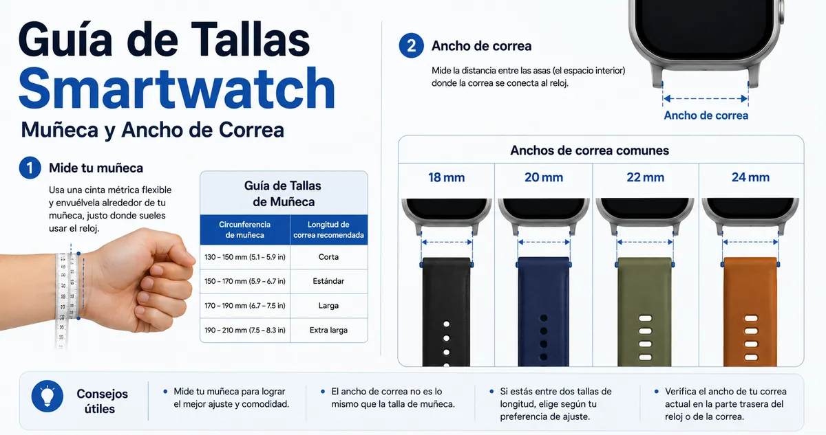 Guía de tallas de correas para smartwatch con ejemplos de medida de muñeca y ancho