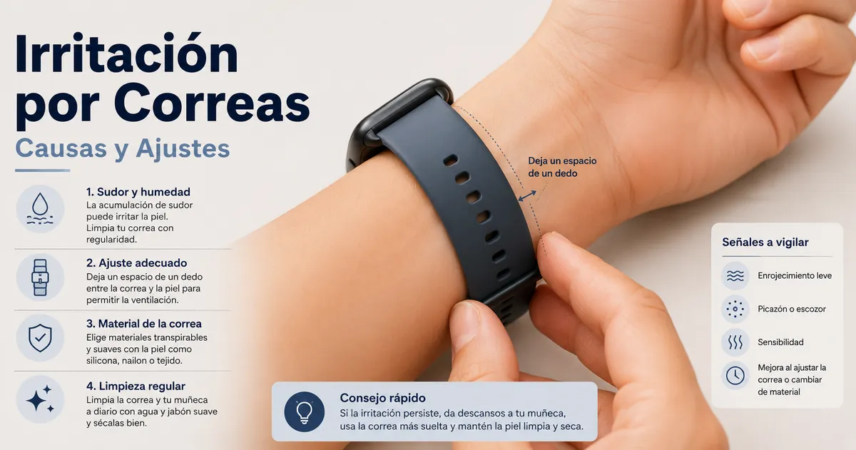 Ajuste y material de una correa para smartwatch revisados para reducir la irritación en la muñeca