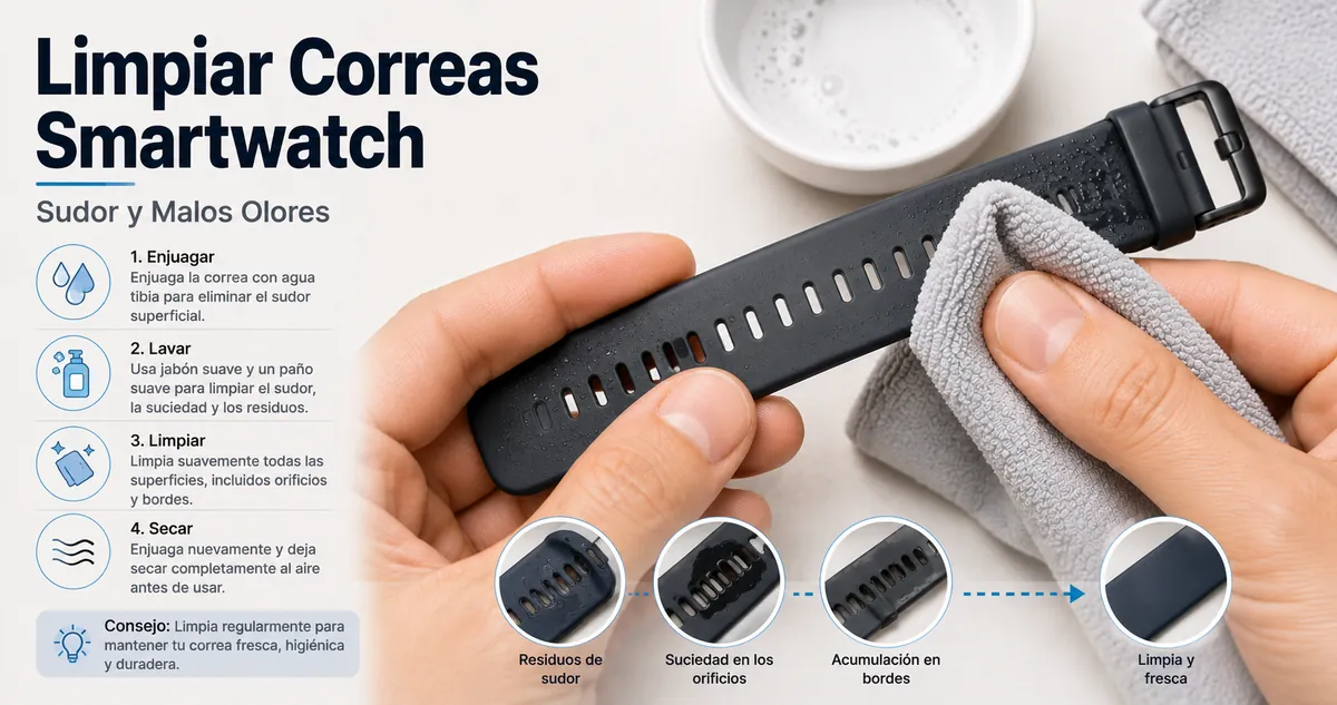 Correa para smartwatch limpiada con un paño para retirar sudor y acumulación de olor