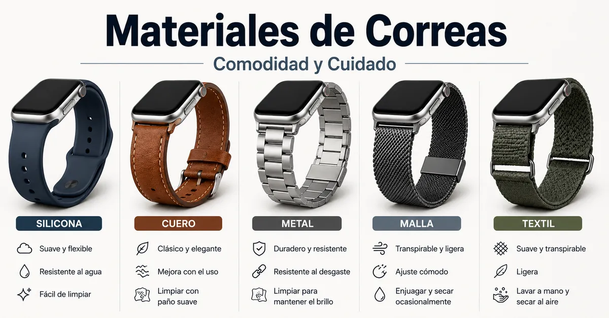 Correas para smartwatch de silicona, piel, metal, malla y materiales textiles
