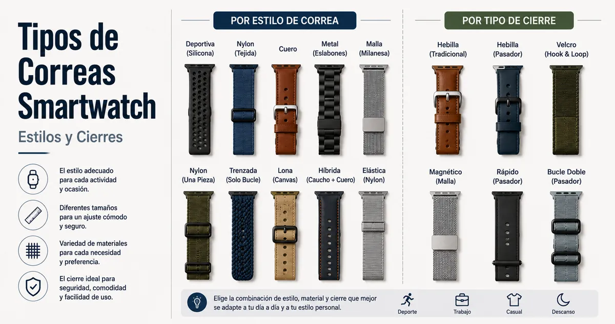Diferentes tipos de correas para smartwatch organizadas por estilo y cierre