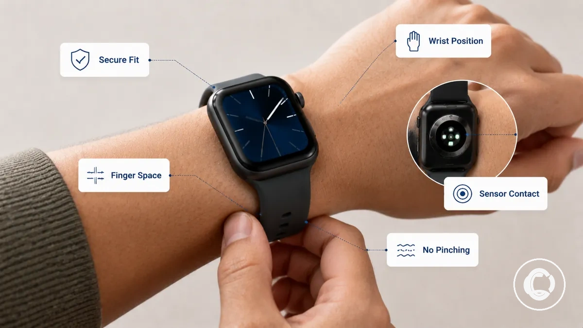 Ajustement sécurisé d’un bracelet de montre connectée illustré par la position du poignet, le contrôle des mouvements et l’équilibre de la pression