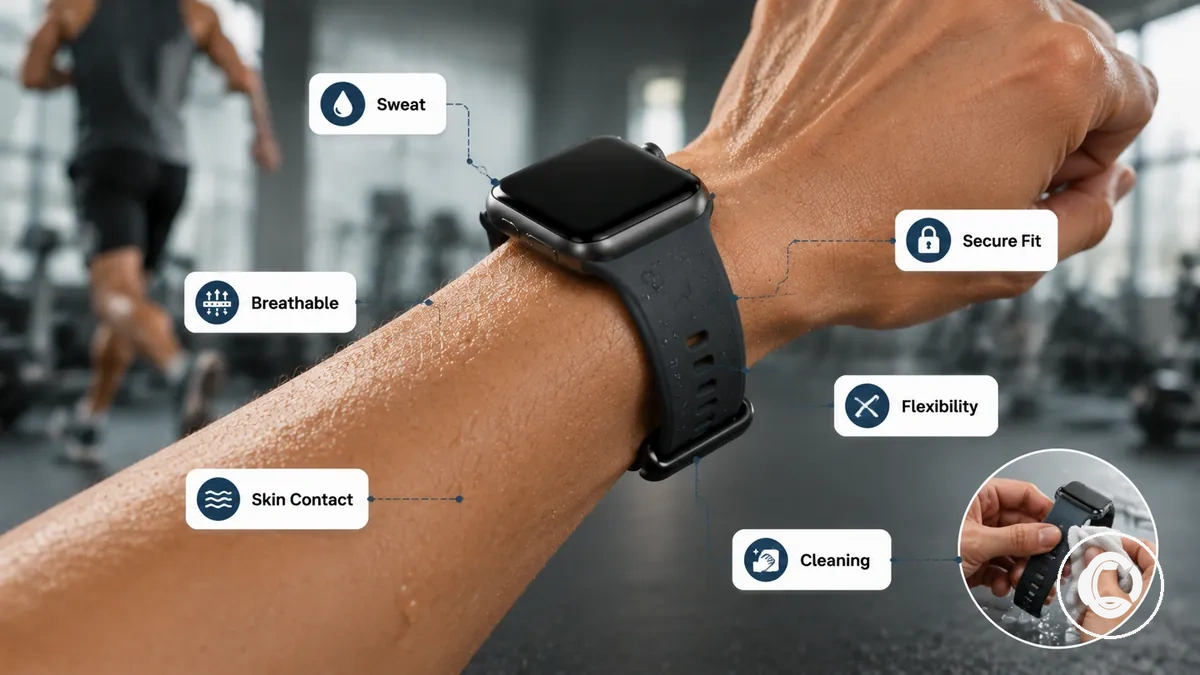Bracelet de montre connectée pour le sport montrant la transpiration, la fermeture et les points de contact au poignet